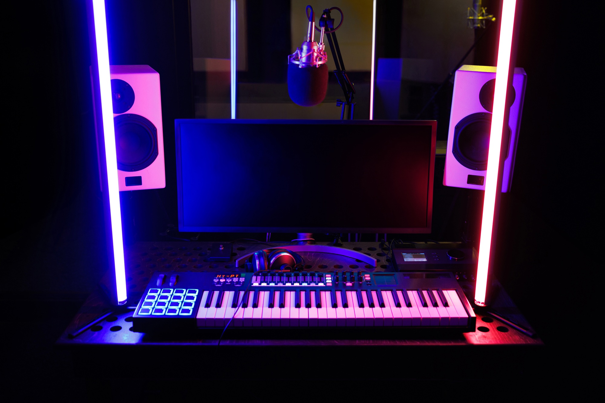 Modern equipment in the recording studio with neon lighting.